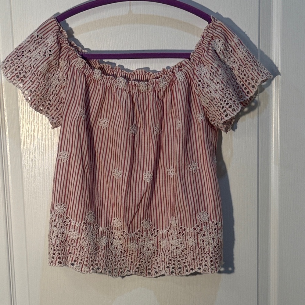 Hollister Red Striped Lace Eyelet Blouse Gathered Neckline Size S